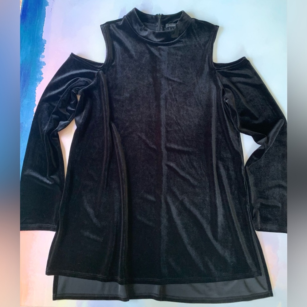 HALOGEN Black Velvet Cold Shoulder Tunic Top Long Sleeves WORN ONCE
